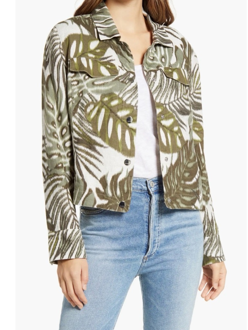 Chico’s Additions Green Tropical Leaf Print Cargo Utility Jacket Size 2 (L/12)